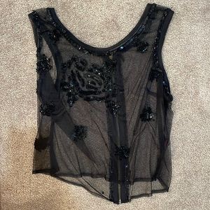 See through mesh beaded shirt black sequins